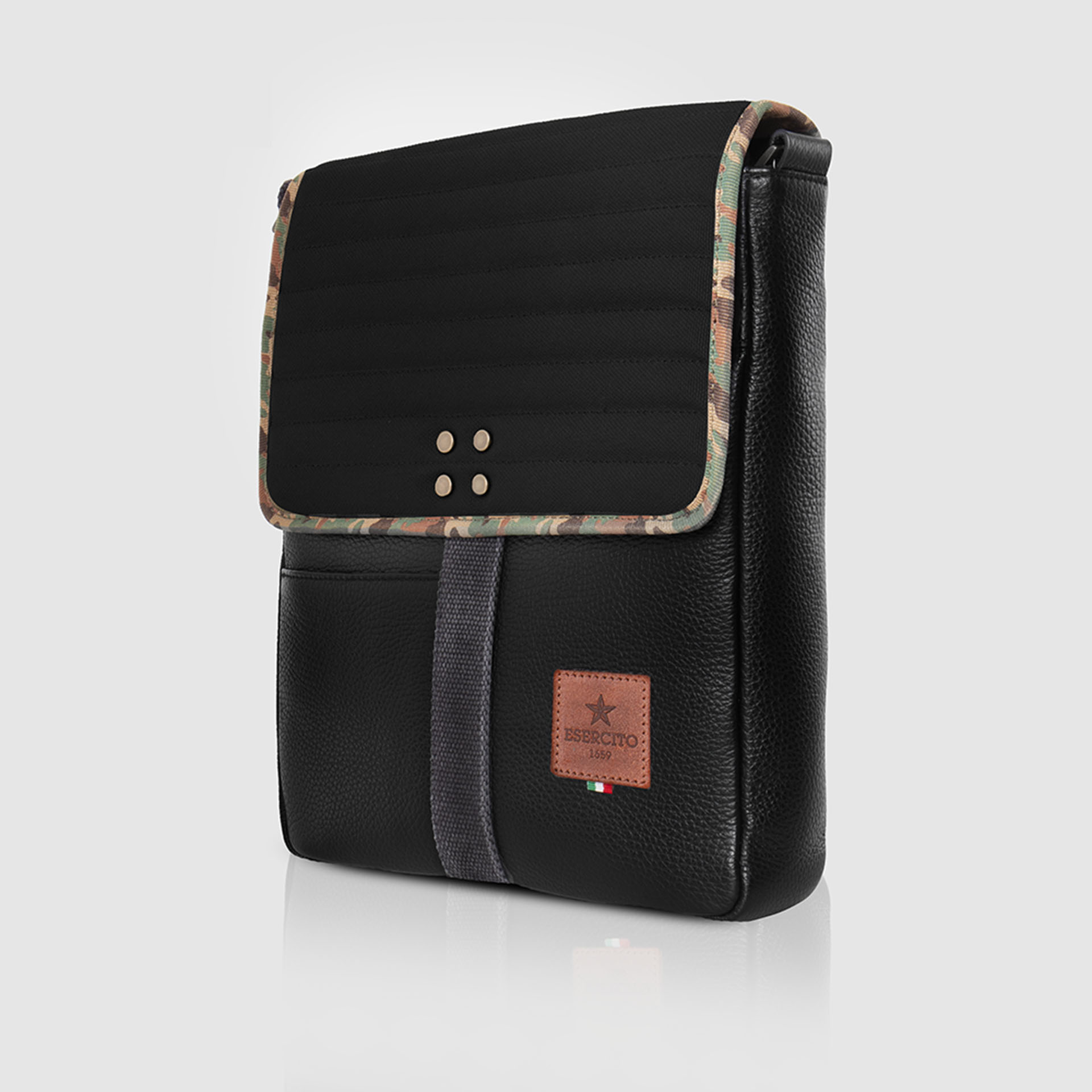 MAN PURSE IN PELLE E CANVAS IMBOTTITO CON FINITURE CAMO
