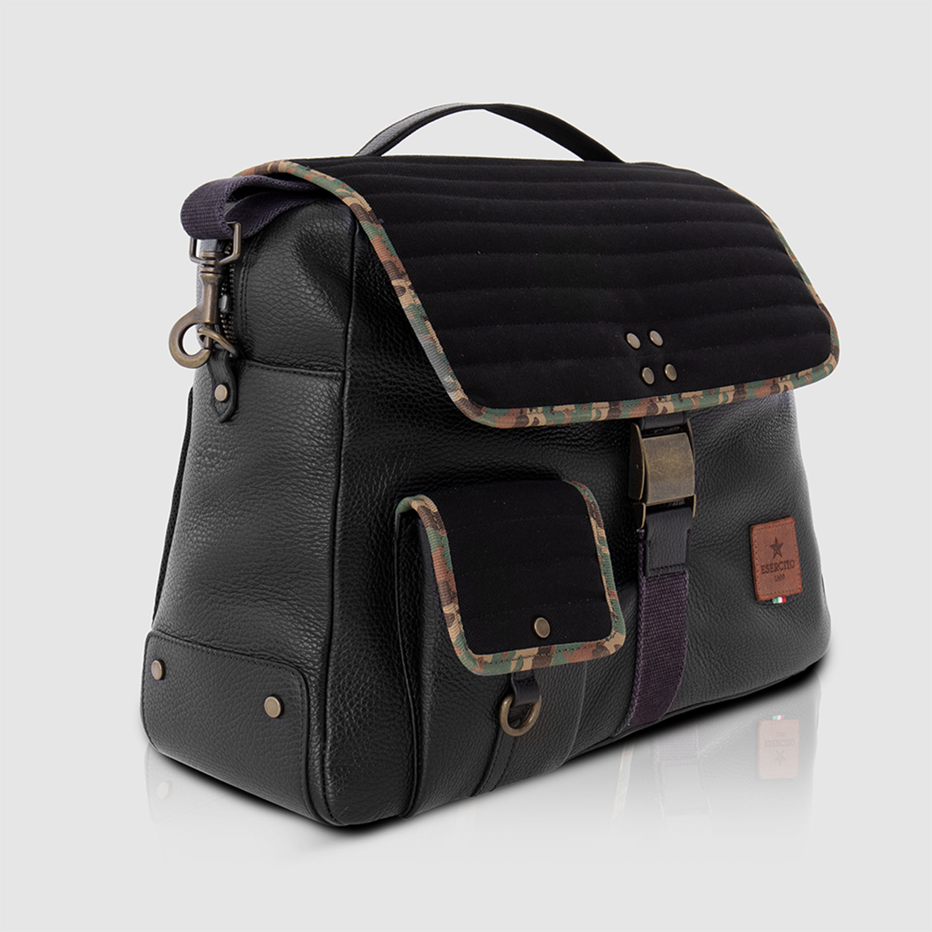 BRIEFCASE IN PELLE E CANVAS IMBOTTITO CON FINITURE CAMO PREMIUM