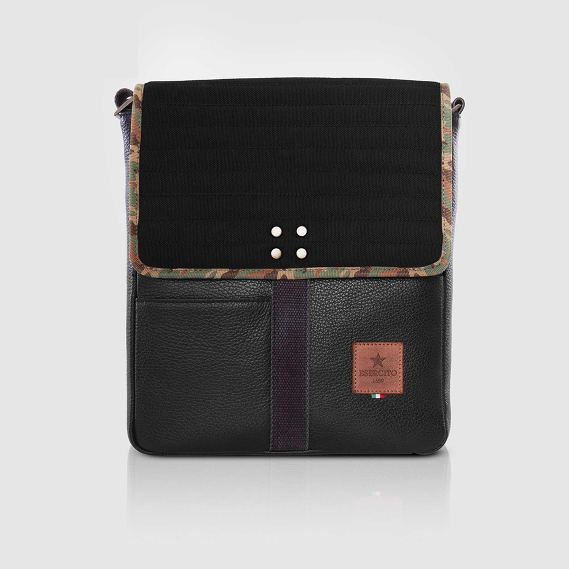 MAN PURSE IN PELLE E CANVAS IMBOTTITO CON FINITURE CAMO