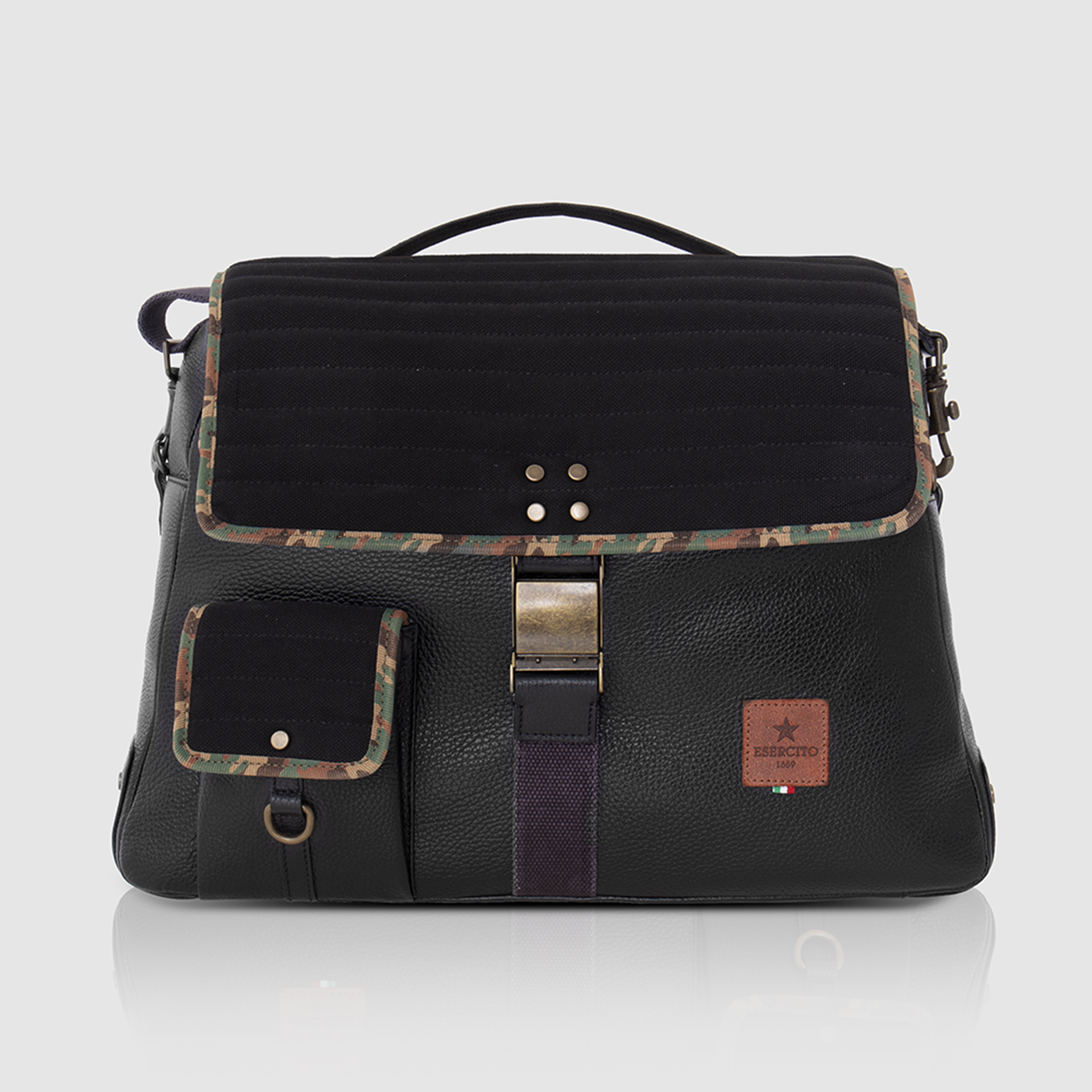BRIEFCASE IN PELLE E CANVAS IMBOTTITO CON FINITURE CAMO PREMIUM