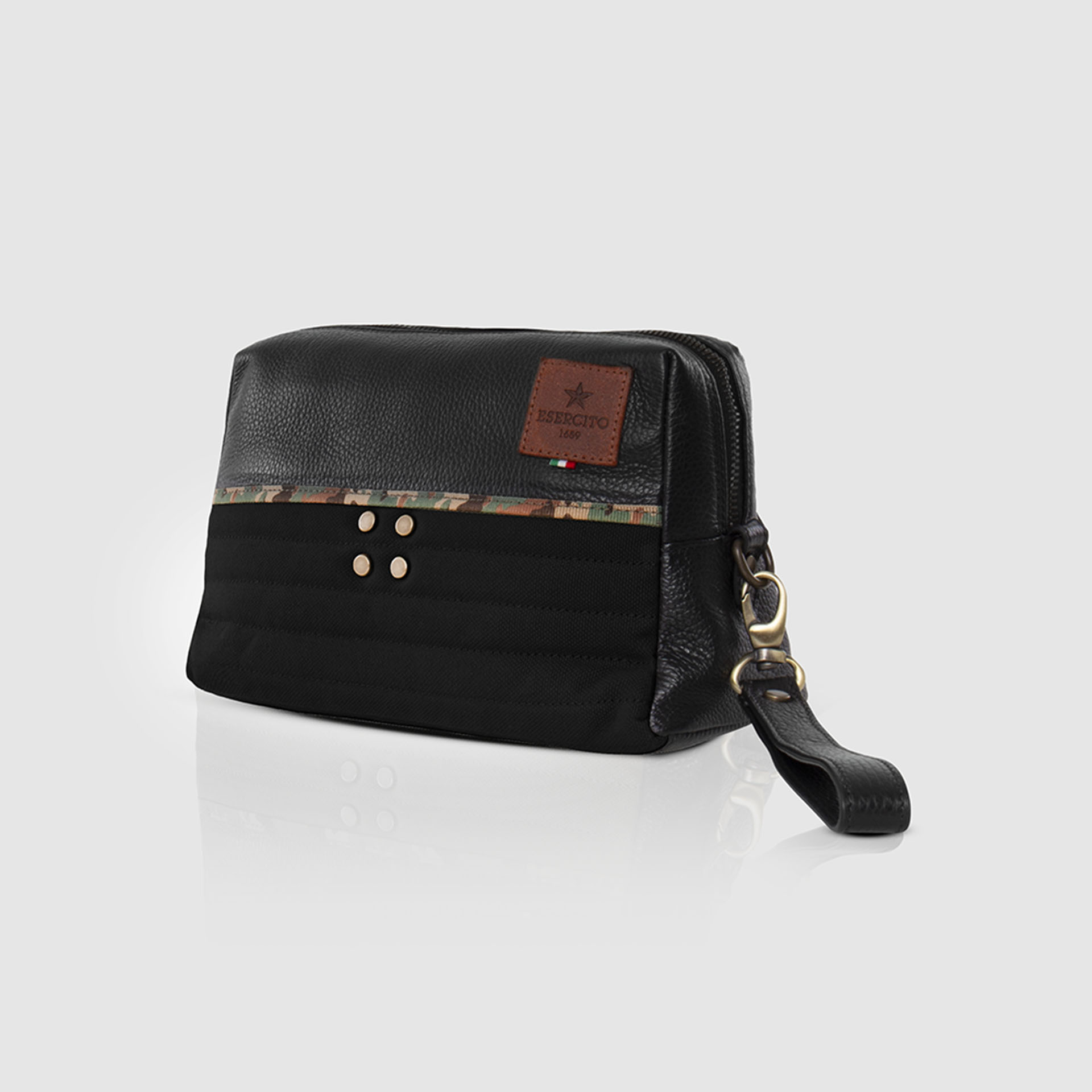 NECESSAIRE UNISEX IN PELLE E CANVAS IMBOTTITO CON FINITURE CAMO