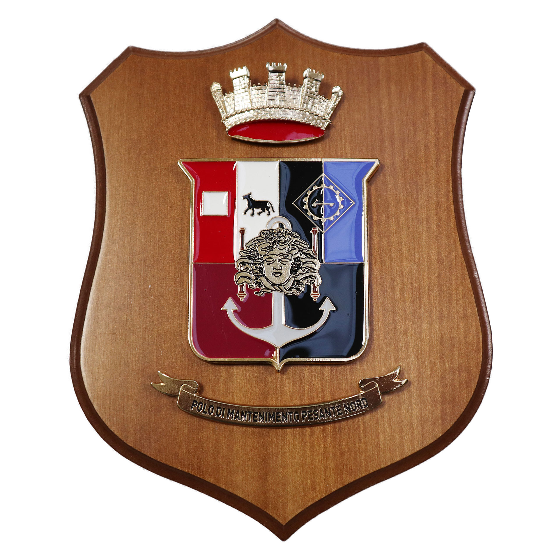 CREST IN METALLO SMALTATO BASE LEGNO 22,5X17,5CM POLO MANT. PESANTE NORD