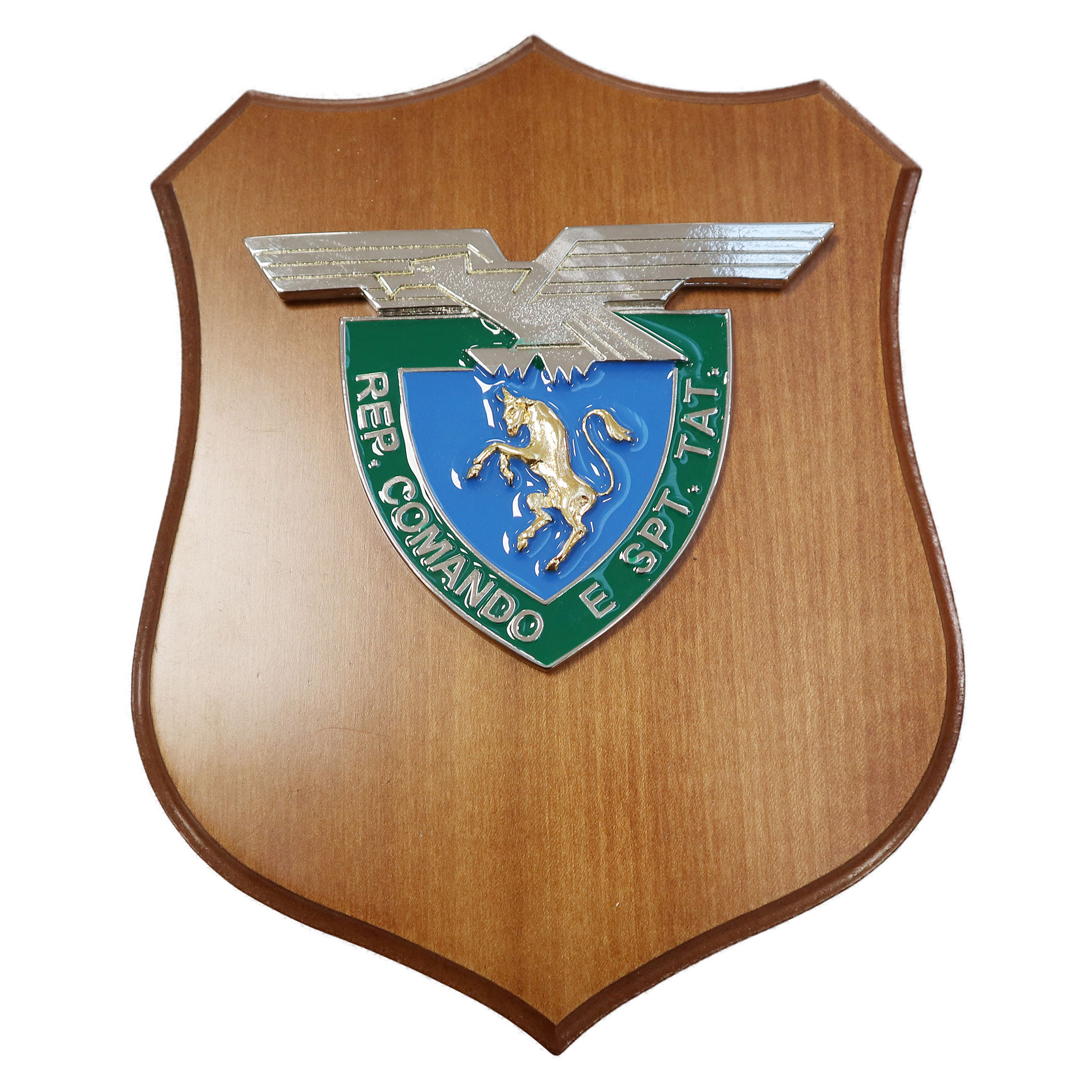CREST IN METALLO SMALTATO BASE LEGNO 22,5X17,5CM REP SUP. TAT.TAURINENSE